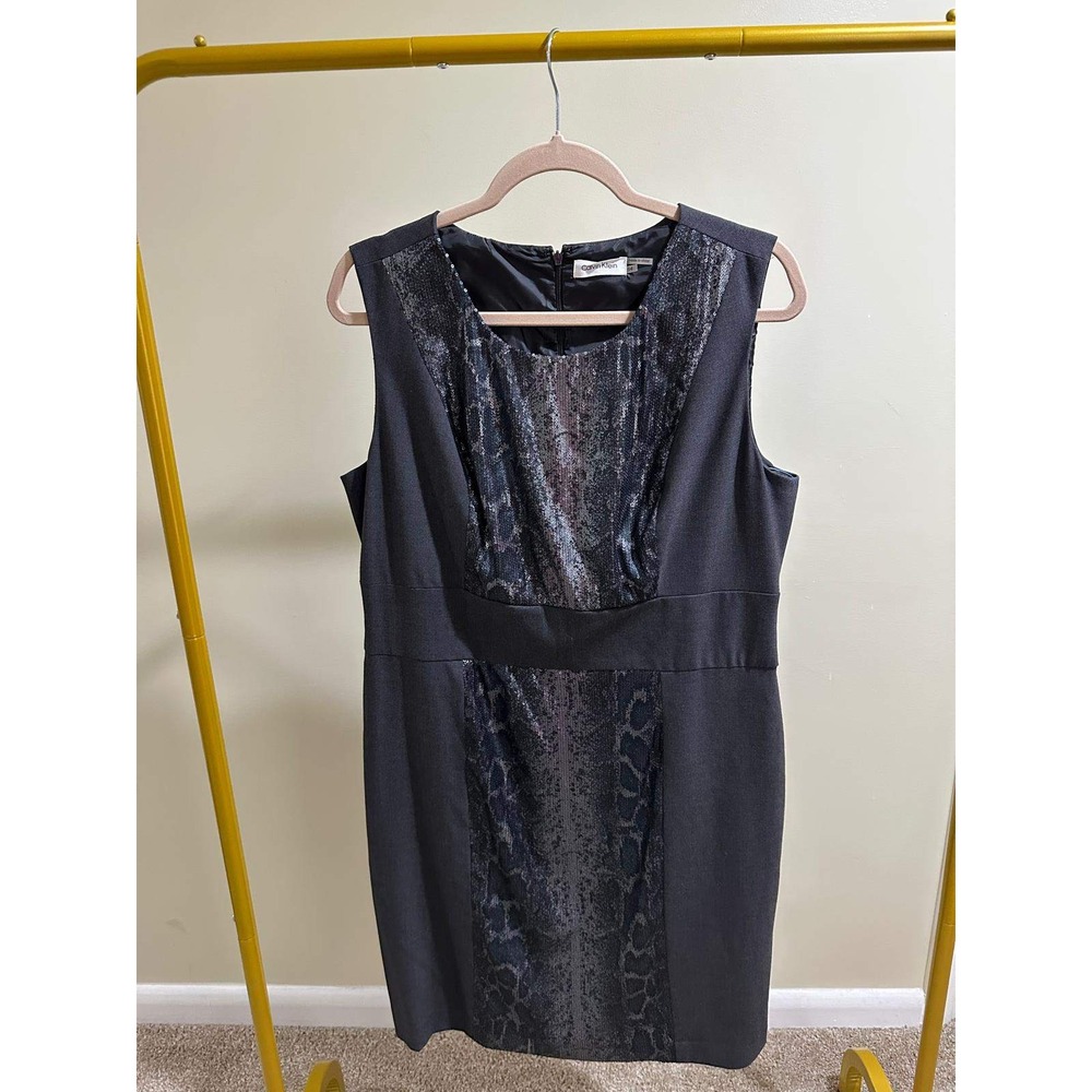 Calvin Klein Womens Black Sequin Animal Print Sheath Dress Size 14 Sleeveless‎